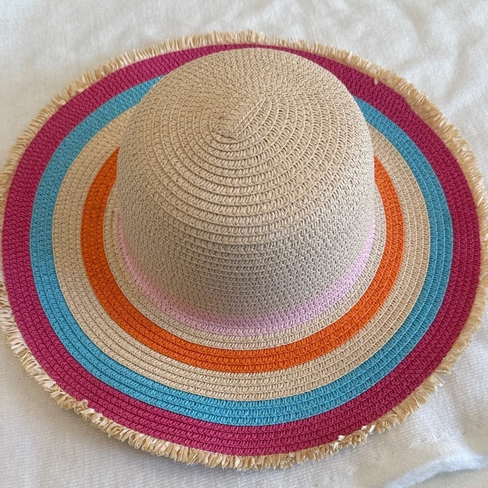 Addie & Tate Rainbow Straw Sun Hat w/Fringe Trim